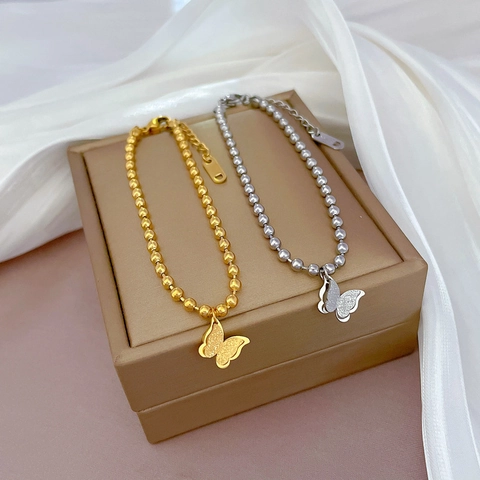 Bracelet Élégant Avec Pendentif Papillon Chaîne À Billes Acier Inoxydable Style Coréen Ajustable Pour Femmes