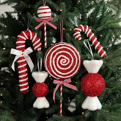 Christmas Tree Ornaments Hanging Pendants Red White Glitter Candy Cane Lollipop Festive Holiday Decor