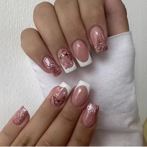 French Tip Press On Nails ABS Glossy Pink Glitter Butterfly Pattern Square Shape Elegant For Women Manicure