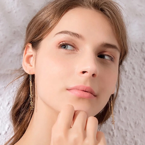 Ster Kwastje Oorlijn Oorbellen Titanium Staal 18K Verguld Lange Ketting Hanger Voor Vrouwen Franse Stijl Sieraden