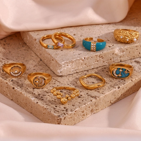 Vintage Edelstahl 18K Vergoldet Emaille Tropföl Ringe Für Damen Sonne Mond Stern Türkis Künstliche Perle Strass Geometrische Bandringe Mode Schmuck