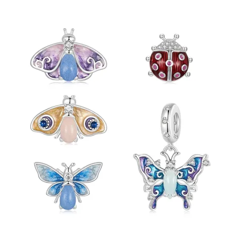 S925 Sterling Silver Luminous Butterfly Insect Charm Bead Colorful Enamel Rhinestone Night Light Pendant For Women Jewelry