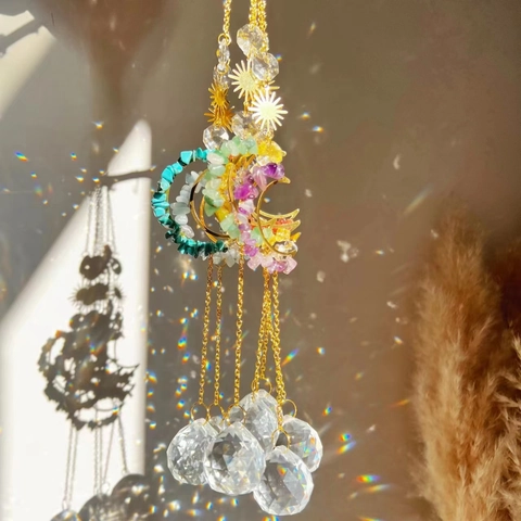 Acchiappasole In Cristallo Pietra Naturale Luna Sole Prisma Creatore Di Arcobaleno Ornamento Appeso Decorazione Casa Regalo
