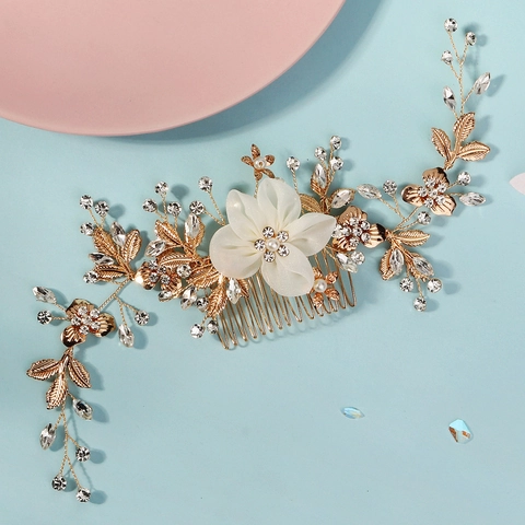 Pettine Per Capelli Da Sposa Fatto A Mano Fiore In Tessuto Imitazione Perla Artificial Strass Banchetto Di Nozze Stile Foresta Elegante Tonalità Oro