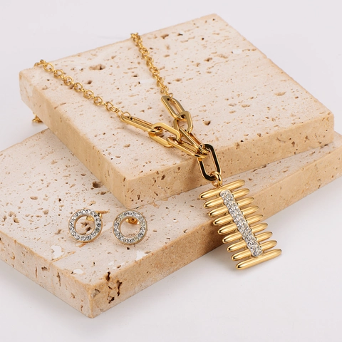 304 Stainless Steel Necklace And Stud Earrings 18K Gold Plated Rhinestone Enamel Rectangular Geometric Pendant For Women