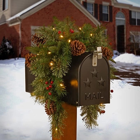 Christmas Mailbox Swag Garland With Pre-lit Led Lights Pinecones Red Berries Battery Operated Holiday Outdoor Home Decoration