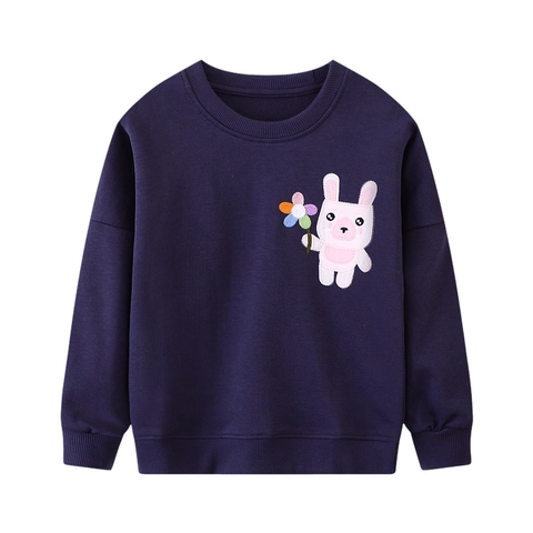Sweat-shirt En Coton Pour Filles Pull À Manches Longues Col Rond Broderie Applique Lapin De Dessin Animé