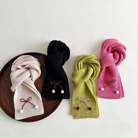 Bufanda de Punto para Bebés Niñas Dulce Lazo Pompon Decoración Punto de Canalé Invierno Cálido Calentador de Cuello Suave