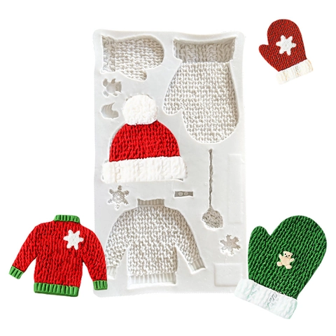 Stampo In Silicone Trama Maglia Natale Per Decorazione Torte Fondente Forma Maglione Cappello Guanti Tema Inverno DIY