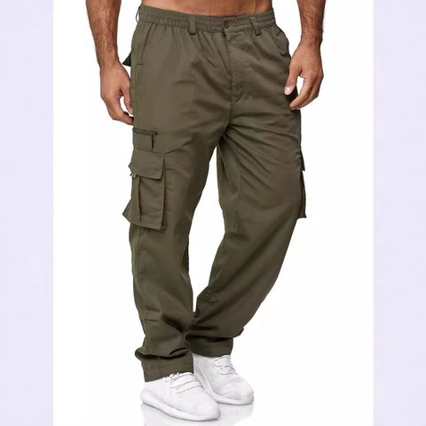 Men's Casual Cotton Cargo Pants Solid Color Straight Leg Multi Pocket Drawstring Elastic Waist Outdoor Daily Bottoms