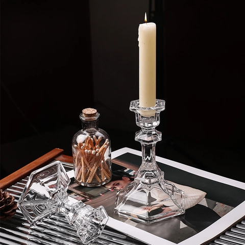 Bougeoir En Verre Nordique Chandelier Transparent Décoratif Nervuré Rétro Pour Table Mariage Fête Décoration Maison
