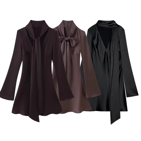 Satin Schalkragen Schleife V-Ausschnitt Kleid Langen Glockenärmeln Slim Fit Mini Party Elegant Damen