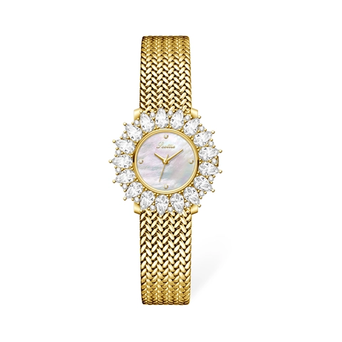 Damen Vintage Luxus Quarzuhr Sonnenblume Strass Lünette Perlmutt Zifferblatt Metallgeflecht Lederarmband Armbanduhr
