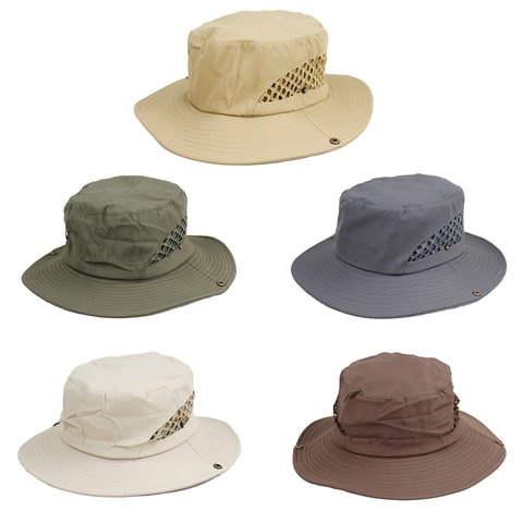 Outdoor Sun Protection Bucket Hat Quick Dry Breathable Mesh Wide Brim Fishing Hiking Camping Adjustable Drawstring