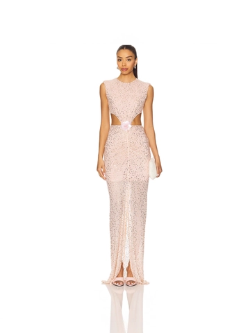 Abito Da Sera Senza Maniche Sexy In Rete Con Paillettes Vita Scoperta Fiore 3D Spacco Alto Elegante Abito Da Cerimonia Maxi