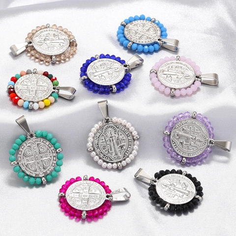 Saint Benedict Medal Pendant Necklace Stainless Steel Colorful Glass Beads Religious Retro Jewelry For Women Men