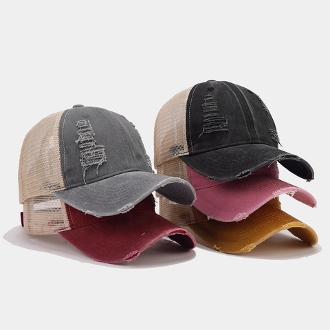 Distressed Baseball Cap Washed Cotton Breathable Mesh Trucker Hat Vintage Retro Ripped Sun Protection Outdoor Adjustable Casual