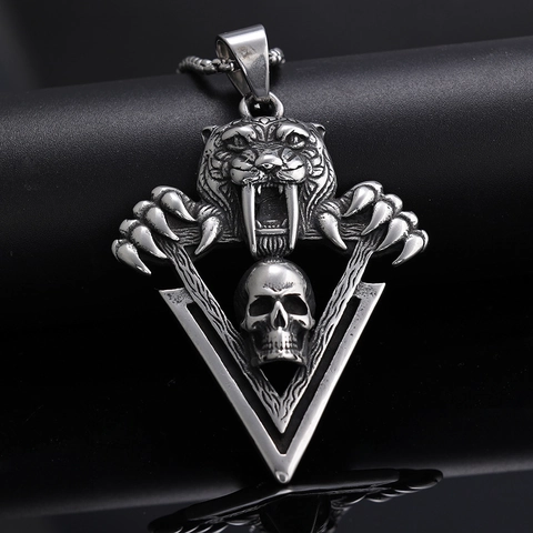 Collana Con Ciondolo Tigre A Denti Di Sciabola E Teschio Acciaio Inossidabile Goth Punk Rock Retrò Gioielli Per Uomini Donne