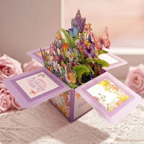 3D Pop Up Butterfly Birthday Card Floral Box Greeting Card Handmade Paper Art Blessing Gift For Women Her Purple