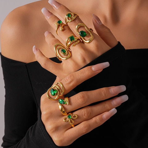 Geometrische Werveling Open Verstelbare Ring Roestvrij Staal Groene Zirkonia Retro Minimalistische Sieraden Voor Dames