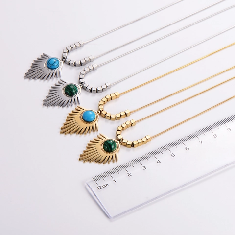 Zonnestraal Hanger Ketting 316L Roestvrij Staal Retro Geometrisch Boho Faux Turquoise Malachiet Vintage Sieraden