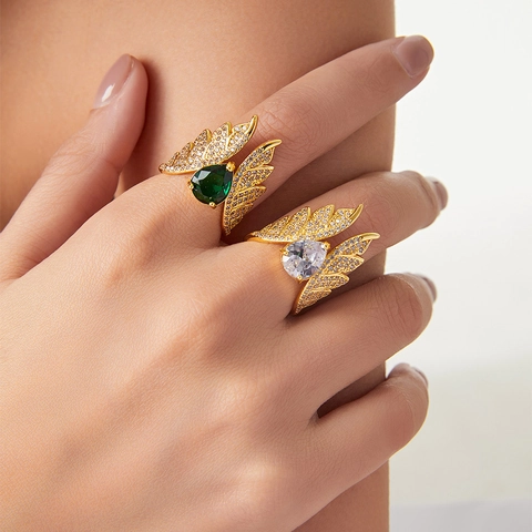 Angel Wings Ring Gold Plated Copper Cubic Zirconia Inlaid Waterdrop Pear Cut Adjustable Open Jewelry For Women