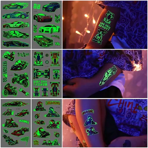 Kids Luminous Temporary Tattoos Stickers Waterproof Glow In The Dark Racing Car Cartoon For Boys Party Favors
