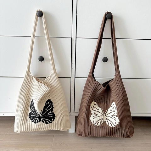 Bolso de Hombro de Punto Casual para Mujer Gran Capacidad Bolso Tote Rayado Tejido Patrón de Mariposa Jacquard Bolso para Viaje Diario