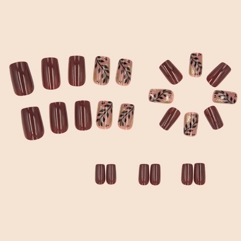 Leaf Pattern Press On Nails Gold Foil Glitter Square Shape Burgundy Nude Pink False Nails For Women Reusable Manicure Art