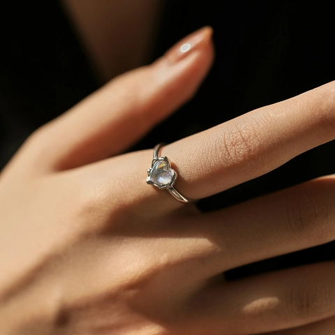 Anello Regolabile In Argento Sterling 925 Con Pietra Di Luna A Forma Di Cuore Bordo Irregolare Gioielli Stile Semplice Per Donna