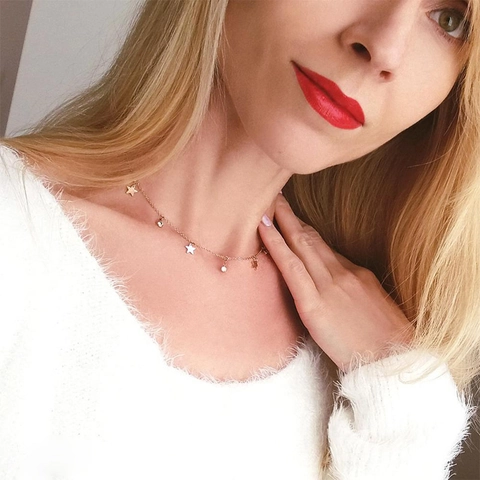 Gold Star Pendant Necklace Titanium Steel With Zircon Sparkly Chic Jewelry For Women