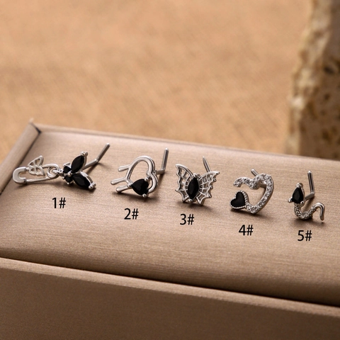 Nose Studs Stainless Steel L Shaped Bar Copper Inlaid Black Zircon Butterfly Snake Heart Safety Pin Retro Gothic For Women