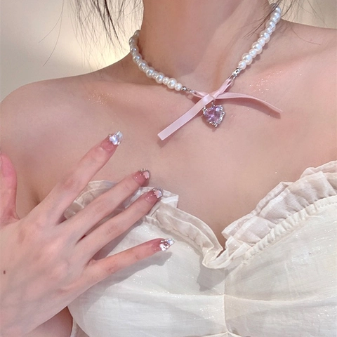 Collier De Künstliche Perles Pendentif Coeur Doux Avec Noeud En Ruban Alliage Chaîne De Clavicule Pour Femmes Bijoux Coquette Romantique