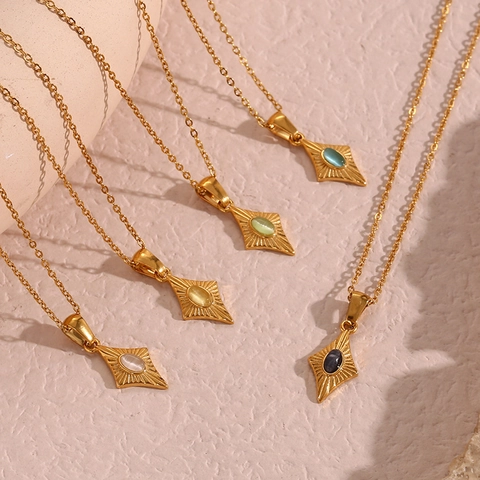 Vintage Stainless Steel Pendant Necklace For Women Retro Geometric Rhombus Starburst Synthetic Opal Stone Fashion Jewelry Gift