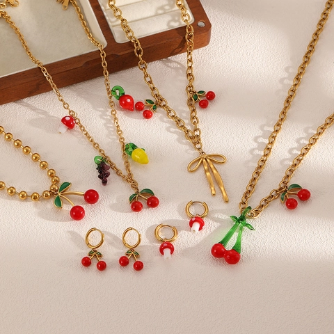 Collana Pendente Frutta Acciaio Inossidabile Resina Smalto Ciliegia Fungo Fiocco Placcato Oro Gioielli Donna