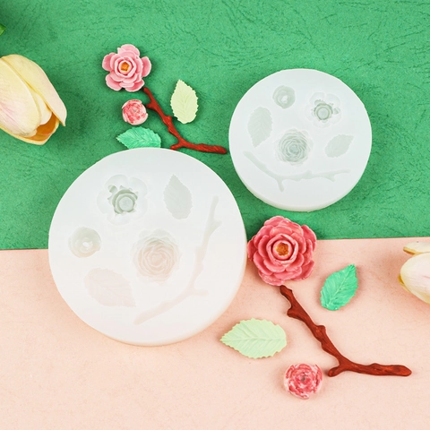 Molde De Silicona Rosa Hoja Rama Grado Alimenticio DIY Fondant Decoración De Pasteles Herramientas Resina Piedra Aroma Artesanía