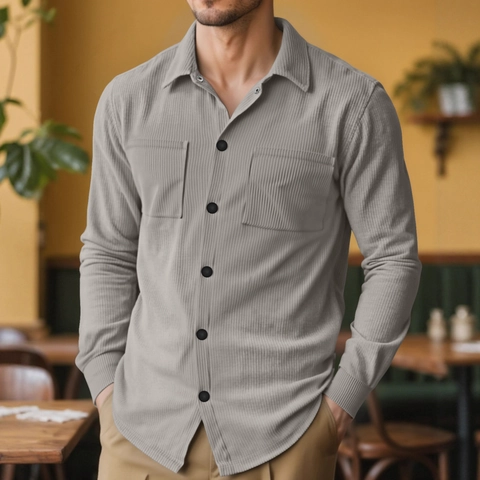 Men Corduroy Casual Shirt Long Sleeve Button Down Workwear Top With Dual Pockets Loose Fit Vintage Style