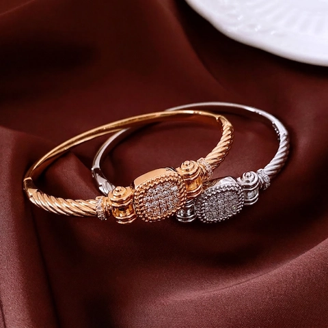 Brazalete De Cable Retorcido Cobre Chapado En Oro De 18K Micro Pavé Zirconia Rectangular Vintage Lujo Joyas Mujer