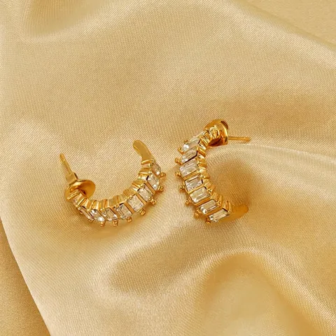 Stainless Steel Gold C-Shaped Hoop Earrings 18K Gold Plated Baguette Zircon Geometric Studs Women Jewelry
