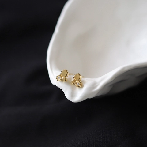 Honeycomb Hexagon Stud Earrings Stainless Steel 18K Gold Plated Cubic Zirconia Geometric Minimalist Jewelry For Women