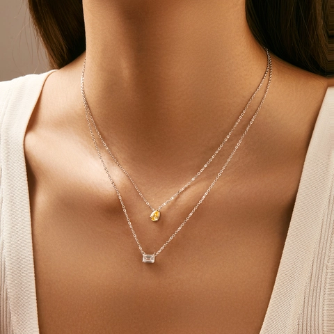 925 Sterling Silver Zirconia Geometric Pendant Necklace Minimalist Chic Clavicle Chain For Women Elegant Jewelry Gift