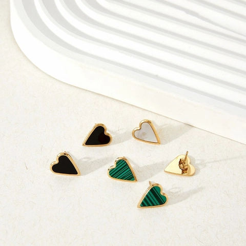 Heart Shaped Necklace And Earrings Jewelry Stainless Steel Gold Plated Shell Malachite Inlay Minimalist For Women