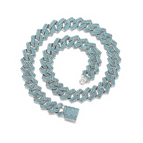 Lussuosa Collana a Maglia Cubana Hip Hop Con Chiusura a Scatola Romboidale Catena in Lega Strass Pietre Blu Gioielli Streetwear Unisex