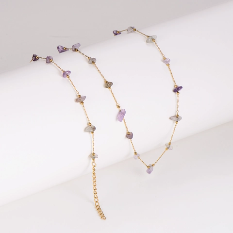 Minimalist Stainless Steel Necklace And Bracelet Jewelry With Irregular Purple Grey Crystal Stones Trendy For Women