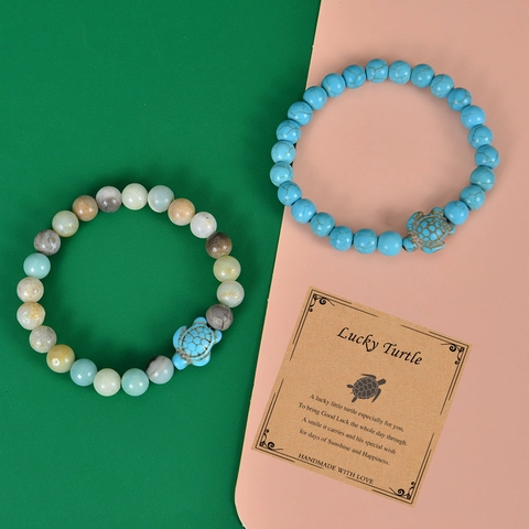 Bracelet Perles Tortue Chanceuse Pierre Naturelle Pierre De Lave Turquoise Bijoux De Plage Fait Main Femmes Hommes