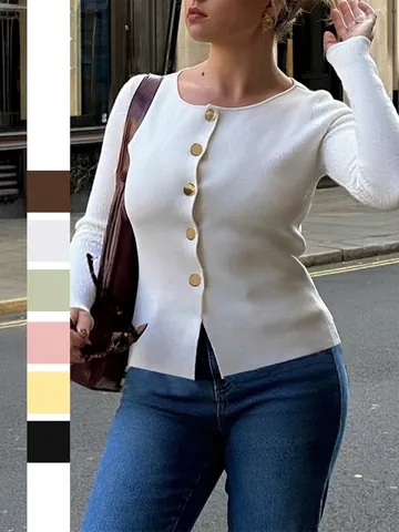 Damen Strickjacke Pullover Rundhals Langarm Einreihig Schmale Passform Einfarbig Lässiges Oberteil