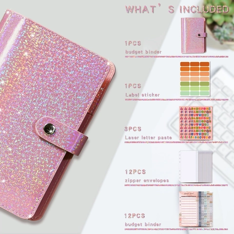Glitter Faux Leather A6 Budget Binder Notebook With Zipper Envelopes Budget Sheets And Stickers For Cash Budgeting