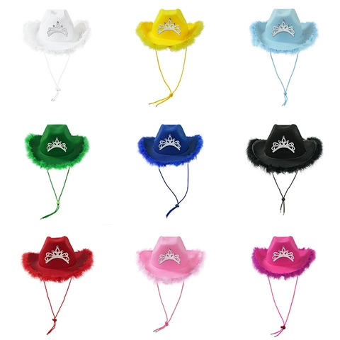 Chapeau De Cowboy Occidental Pour Femmes Avec Bordure En Plumes Synthétiques Et Couronne En Strass Accessoire De Déguisement