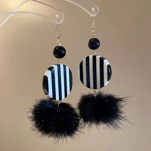Retro Black White Striped Drop Earrings With Faux Fur Pom Pom Alloy Hook Geometric Dangle Jewelry For Women