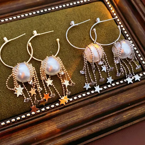 Pendientes Borla Perla Artificial Colgante Estrella Silver Earring Post Lujo Estilo Vintage Francés Joyería Para Mujer